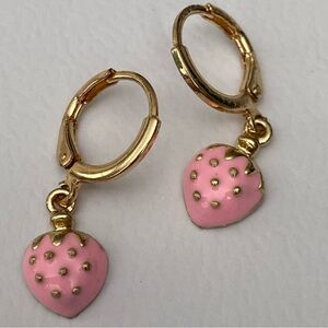 Pink Strawberry 🍓 Gold Drop Hoop Lever Earrings